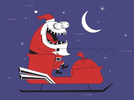 A cartoonish figure resembling Santa Claus with exaggerated features and sharp teeth is joyfully riding a red sleigh against a dark blue background. The sleigh has a large red bag and is surrounded by stars and a crescent moon.