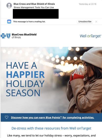 An email from Blue Cross and Blue Shield of Illinois promoting stress management tools for a happier holiday season. It features a woman holding a cup, dressed warmly, with a blurred background of festive lights.