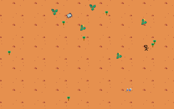 a little stick figure person on the screen of dirt and various pixel weeds and plants
