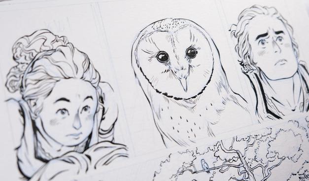 Ink drawing, featuring a girl and the dead-eyed stare of a barn owl