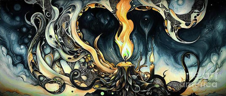 An ethereal scene features a glowing candle at the centre, surrounded by swirling abstract patterns and tendrils. 