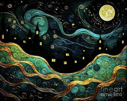A swirling night sky full of vibrant blues and greens surrounds a glowing yellow moon. Rolling hills blend into a silhouette of buildings, with illuminated windows creating a warm contrast against the dark landscape.