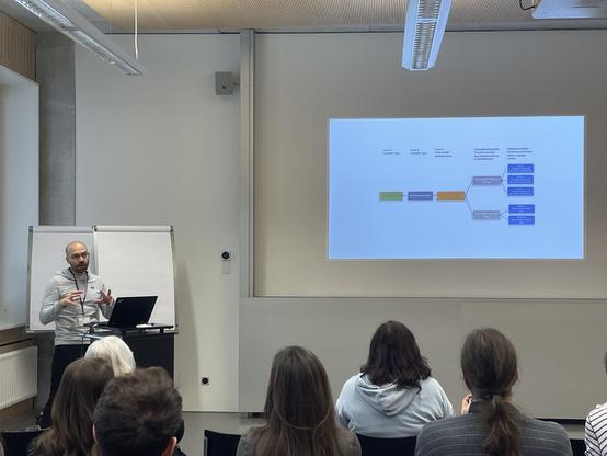 In a lecture room, attendees are listening to the speaker in front of the desk. The screen is presenting a diagram in colors representing a hierarchy of concepts and topics.