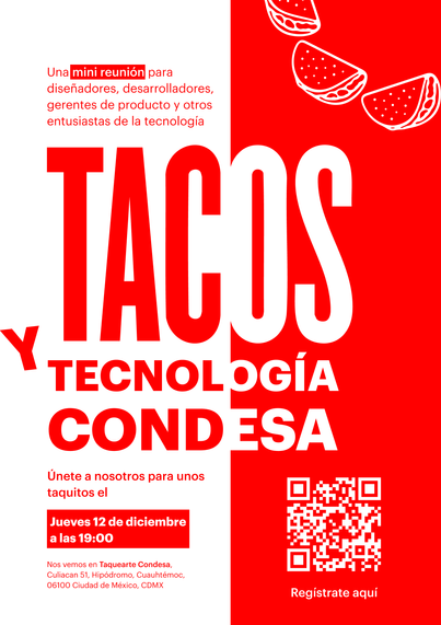 TACOS Y TECNOLOGIA CONDESA

Una mini reunión para diseñadores, desarrolladores, gerentes de producto y otros entusiastas de la tecnología.

Únete a nosotros para unos taquitos el Jueves 12 de diciembre a las 19:00

Nos vemos en Taquearte Condesa, Culiacan 51, Hipódromo, Cuauhtémoc, 06100 Ciudad de México, CDMX