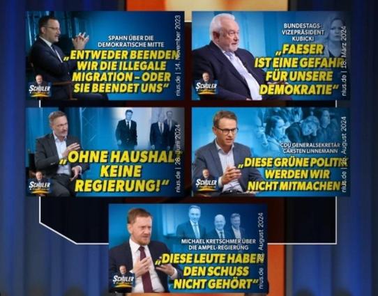 SPAHN ÜBER DIE DEMOKRATISCHE MITTE
"ENTWEDER BEENDEN WIR DIE ILLEGALE MIGRATION - ODER SIE BEENDET UNS"
12024
OHNE HAUSHAL
KEINE
REGIERUNG!"
nius.de
nius.da | 14
smber 2023
SCHULER
SCNULER
BUNDESTAGS-VIZEPRASIDENT
KUBICKI
2024
„FAESER
ISTEINE GEFAHR®
FÜRUNSERE DEMOKRATIE"
2024
CDU GENERALSEKRETÄR CARSTEN LINNEMANN
AugUSt
"DIESE GRÜNE POLITIR WERDEN WIR NICHT MITMACHEN*
August 2024
SCHULER
MICHAEL KRETSCHMER UBER
DIE AMPEL-REGIERUNG
DIESE LEUTE HABEN DEN SCHUSS NICHT GEHÖRT"