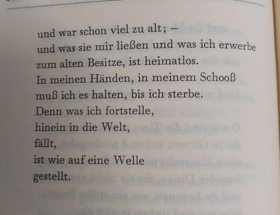 und war schon viel zu alt; - 
und was sie mir ließen und was ich erwerbe
zum alten Besitze, ist heimatlos.
In meinen Händen, in meinem Schooß
muß ich es halten, bis ich sterbe.
Denn was ich fortstelle,
hinein in die Welt,
fällt,
ist wie auf eine Welle
gestellt.