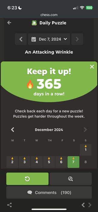 Chess. Com screenshot sitting 365 day streak