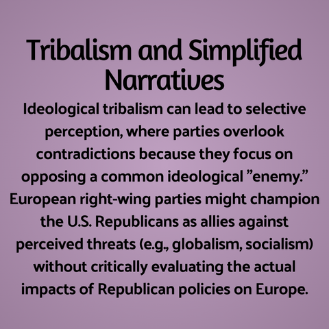 Tribalism and Simplified Narratives
Ideological tribalism can lead to selective perception, where parties overlook contradictions because they focus on opposing a common ideological "enemy."
European right-wing parties might champion the U.S. Republicans as allies against perceived threats (e.g., globalism, socialism) without critically evaluating the actual impacts of Republican policies on Europe.
