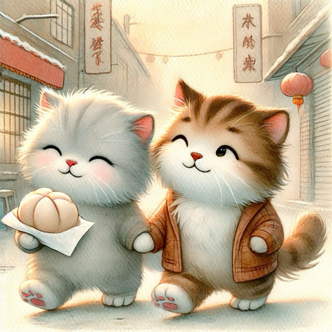 冬の中華街で、幸せそうに過ごす猫たちの水彩画。モフモフの毛並みや、温かい光が印象的です。
