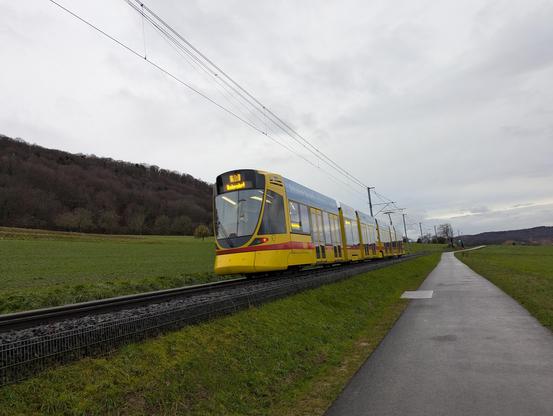 Un tram de BLT de la ligne 10 se dirige vers la gare de Leymen (F) sur son parcours transfrontalier vers Rodersdorf (CH).