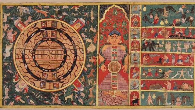 Diagrams of the Universe: The Two-and-a-Half Continents, the Universe in the Shape of a Person, and the Seven Levels of Hell, Gujarat, India, 1613. Courtesy the Cleveland Museum of Art