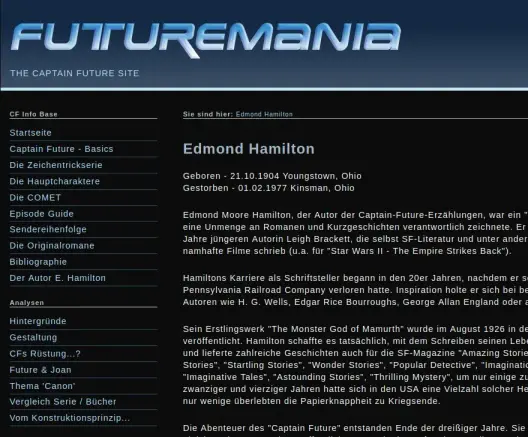 Screenshot der Website "Futuremania.de" - zu sehen ist die Sektion zu Edmond Hamilton. Der Seitenhintergrund ist fast schwarz, der Text weiß und die einzelnen Links im Menü hellblau. Obendrüber verläuft der Header mit dem "Futuremania"-Schriftzug.