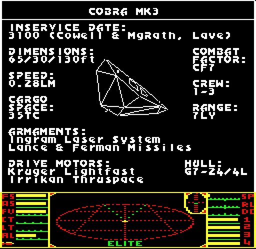 Modified screenshot of Elite on the BBC Micro