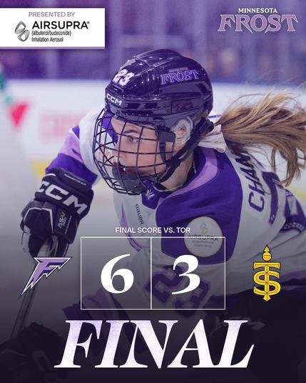 Female hockey of the Minnesota Frost Woman's Hockey Team with the score of 6-3 showing their victory over the Toronto Scepter's