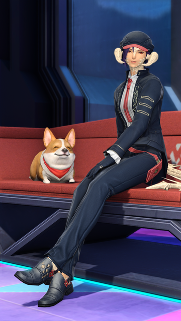 Berin Rinrin, a female raen Au Ra, sitting on a red couch together with happily squinting corgi. She is wearing an ink blue suit with red accents.