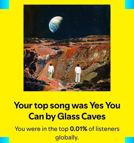 Streaming service summary with the cover of the single "Yes You Can" by the "Glass Caves", showing two people in white suits with their backs to us, standing in a mainly red rocky landscape, looking at a night sky with stars and a crescent planet (Earth?) rising over the horizon. Despite the sky being dark, the figures and landscape look like in daylight.

The song was the person's top song in 2024 and they were apparently in the top 0.01% of the band's listeners.
