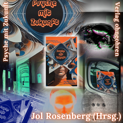 Collage von Fotos der Micro-Rezensionen mit dem Cover der Science-Fiction-Anthologie "Psyche mit Zukunft" herausgegeben von Jol Rosenberg:

Rosenkäfer (schwarz-weiß), Buch im Autoseitenspiegel, Steckdose (verrauscht), Mann mit Beanie (orangefarben, überbelichtet), Buch mit Kleinanzeigen (monochrom, blau), orientalische Tür (monochrom, grün).

Text:
Psyche mit Zukunft. Jol Rosenberg (Hrsg.). Verlag ohneohren