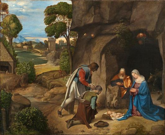Adoration of the Shepherds, “Giorgione” (Giorgio Barbarelli da Castelfranco), 1505-1510. Source: Wikimedia Commonsꜛ (license: public domain).