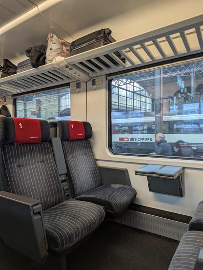 Intérieur de 1ere classe d'un train IC des CFF un peu daté mais très confortable