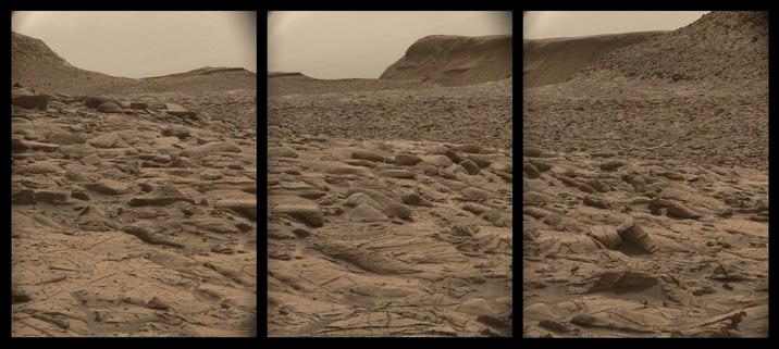 Three ocre-toned photographies capturing adjacent sections of a Martian landscape.