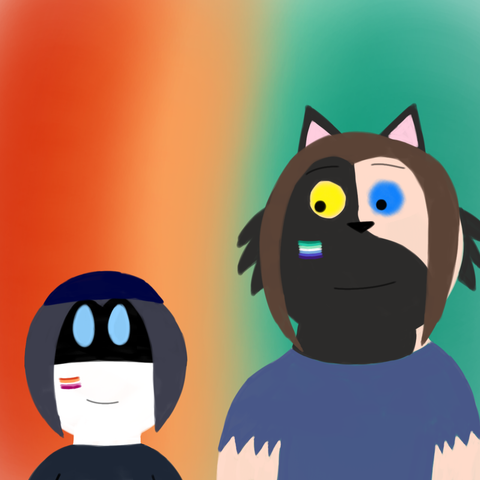 Drawing of Cinder and Minerva looking happily at each other while Cinder has a gay men pride flag on his cheek and Minerva has a lesbian pride flag on her cheeks. The background is in a mix of lesbian and gay man flag's colors