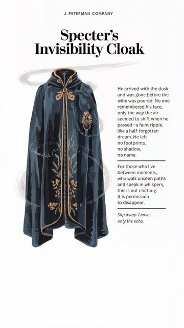 An illustration of a cloak with intricate golden embroidery in the style of The J. Peterman Company. The cloak is primarily dark blue with golden patterns of leaves and possibly other flora. The cloak has a distinctive golden clasp or brooch in the center. 

"He arrived with the dusk and was gone before the wine was poured. No one remembered his face, only the way the air seemed to shift when he passed—a faint ripple, like a half-forgotten dream. He left no footprints, no shadow, no name.

"For those who live between moments, who walk unseen paths and speak in whispers, this is not clothing. It is permission to disappear.

"Slip away. Leave only the echo."