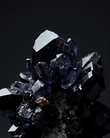A cluster of jagged black crystals with sharp edges and reflective surfaces, contrasted against a dark background, evoking a mysterious, otherworldly allure.