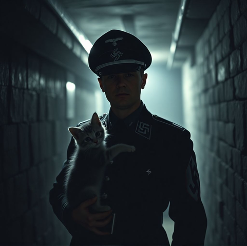 symbilbild, ai-generated – Mann in SS-Uniform mit Katzenbaby auf dem Arm in einem Kellergang, von hinten angeleuchtet
