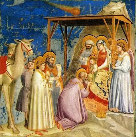 Adoration of the Magi, Giotto di Bondone, 1302. The Star of Bethlehem is shown as a comet above the child. Giotto witnessed an appearance of Halley’s Comet in 1301. Source: Wikimedia Commonsꜛ (license: public domain).