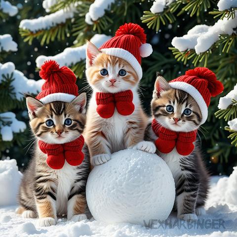 The image shows three Christman Kittens sitting on a snow-covered ground in front of a Christmas tree. The kittens are wearing red Santa hats and scarves, and one of them is sitting on top of a large white snow ball. The background is blurred, but it appears to be a snowy landscape with trees covered in snow. The overall mood of the image is festive and cheerful.