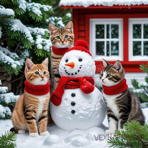 The image shows three Christmas Kittens standing in front of a red house covered in snow. The house has a red roof and white windows. The cats are wearing red scarves around their necks and are looking at the camera. In the center of the image, there is a snowman made of snow with a red scarf around its neck. The snowman has a carrot nose and two coal eyes. The background is a snowy landscape with trees and bushes.