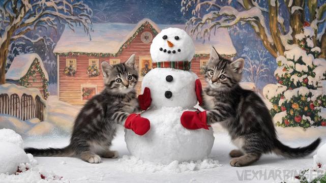The image shows two Christmas Kittens standing next to a snowman in a snowy landscape. The snowman is made of white snow and has a carrot nose, two black eyes, and a plaid scarf around its neck. It is wearing red mittens and is standing on a bed of snow. The kittens are looking at the snowman with curious expressions. In the background, there is a house with a red roof and a chimney, surrounded by trees covered in snow and decorated with Christmas ornaments. The sky is blue and there are snowflakes falling from the sky. The overall mood of the image is festive and cheerful.