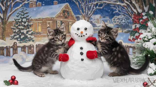 The image shows two Christman Kittens playing with a snowman in a snowy landscape. The snowman is made of white snow and has two red mittens on top. The kittens are standing on either side of the snowman, with one kitten on the left and one on the right. The background shows a snowy village scene with a house, trees, and a fence. The sky is blue and there are red berries scattered around the scene. The overall mood of the image is festive and cheerful.