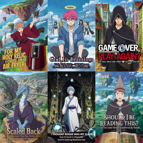 AI generated image.
6 anime style light novel covers in English.
- For My Holy Relic I Chose an Air Fryer
- God-In-Training: Wait, Wait, Wait!—Did I Just Sign Up for A Pantheistic Pyramid Scheme?
- Game Over, Play Again? For Every Silver Coin I Find I Earn One Free Life
- Scaled Back: My Retirement Plan Was Perfect Until They Gentrified My Mountain
- I Thought Rogue Was My Class: Now I'm Stuck In A Roguelike And I'm Getting Nowhere Fast
- Should I Be Reading This? I Got the Game Master's Guidebook By Mistake