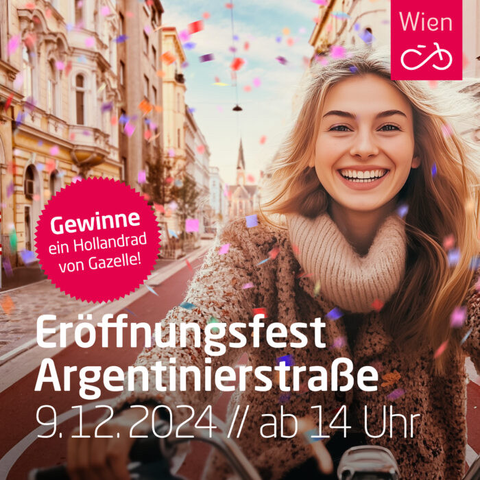 Einladung zum Eröffnungsfest Argentinierstraße, lachende Frau auf einem Fahrrad auf der neuen Fahrradstraße mit rotem Asphalt, im Hintergrund die Elisabethkirche, Konfetti