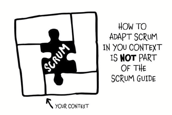 A black and white illustration shows a large square divided into smaller squares, with a black puzzle piece labeled "SCRUM" fitting into one section. An arrow points to the remaining empty squares and is labeled "YOUR CONTEXT". Text to the right states: "HOW TO ADAPT SCRUM IN YOUR CONTEXT IS NOT PART OF THE SCRUM GUIDE".