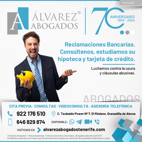 Reclamaciones Bancarias. En Alvarez Abogados Tenerife llevamos muchos años realizando y defendiendo reclamaciones bancarias por usura, cláusulas abusivas e intereses usurarios contra bancos y entidades financieras. Consúltenos para estudiar su préstamo hipotecario y su tarjeta de crédito.
https://alvarezabogadostenerife.com/2019/02/reclamaciones-bancarias-tenerife/ 

#alvarezabogados #abogados #Tenerife #reclamaciones #abogadostenerife #tenerifelegal #derechos #justicia #legal 
