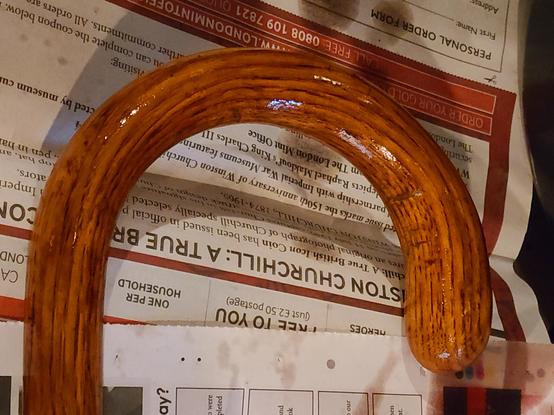 Cane handle, waiting for wood stain to dry 