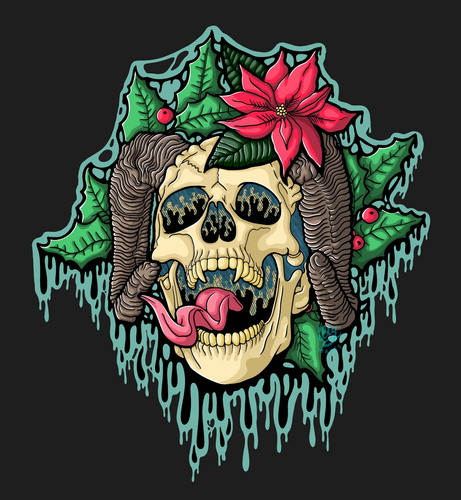 A drippy Krampus skull illustration with holly in the background and a poinsettia on the skulls head.