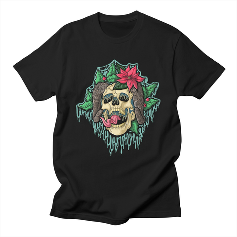 The drippy Krampus skull illustration on a t-shirt.