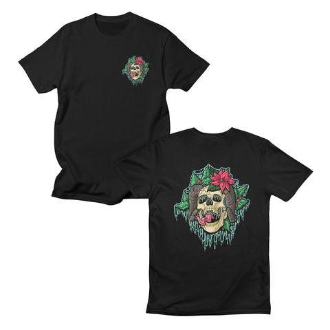 The drippy Krampus skull illustration on a t-shirt.