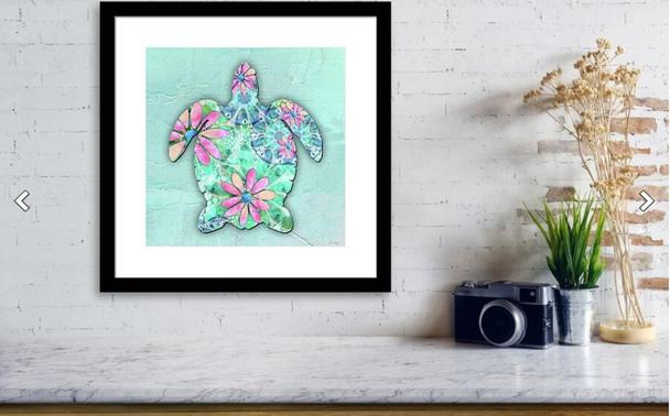 Sea turtle in blue and aqua with pink daisies by artist and poet Sharon Cummings.  Haiku in post.