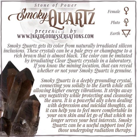 A cluster of dark smoky quartz points sits against a white background. The text explains smoky quartz's metaphysical correspondences, some trivia about it, and ways to use it in your magickal practice. Presented by Inked Goddess Creations.