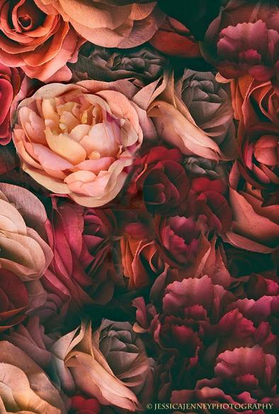 A vibrant and intricate close-up of roses in various shades of pink, red, and peach creates a romantic and captivating floral scene. The petals are lush with fine details that highlight their delicate structure and color variations.
