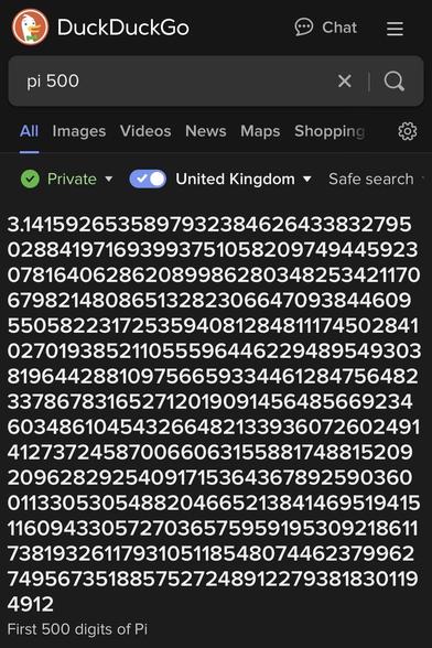 A screenshot of Duck Duck Go giving me pi to 500 places.
