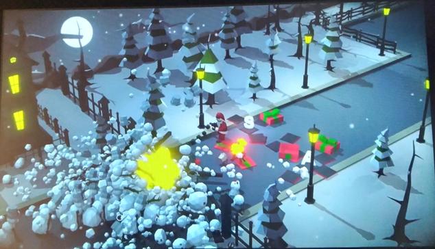 Game screenshot. Top down view of snowy town street, small explosions in the center, large gift boxes, Santa. The style is blocky.