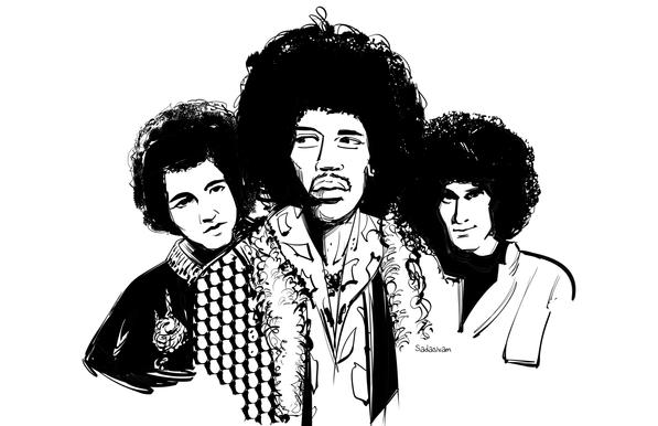 An illustration of Jimi Hendrix, Noel Redding and Mitch Mitchell.