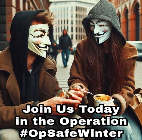 Deux personnes portant des masques de Guy Fawkes sont assises à l'extérieur, tenant de la nourriture. L'image favorise la participation à une initiative intitulée #OpSafeWinter.