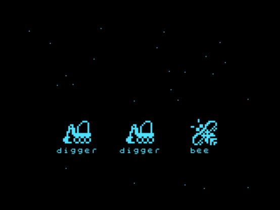 Screen capture from "Sandstorm" (2017) by Hooy-Program. It's a black background with starts moving horizontally, and two diggers and a bee.

"digger digger bee"

The music is "Sandstorm" (1999) by Darude.
