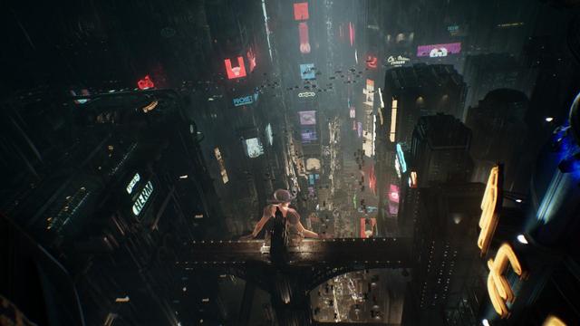 **TL;DR:** A cyberpunk cityscape with a person sitting on a high bridge overlooking neon-lit skyscrapers and flying vehicles.  

**Description:** The image depicts a sprawling futuristic city drenched in rain, illuminated by neon signs and holographic advertisements on towering skyscrapers. A lone figure, viewed from behind, sits precariously on the edge of a high bridge, overlooking the bustling, dystopian urban environment below. The city is alive with floating cars and crowded streets filled with bright, colorful lights, including glowing signs displaying text like "PROMET." The scene evokes a Blade Runner-style cyberpunk aesthetic, with a mix of advanced technology and gritty atmosphere.